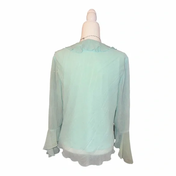 Fairy Core Y2K Mint Ruffle Chiffon Blouse XL Sheer Bell Sleeve Top - Picture 3 of 5